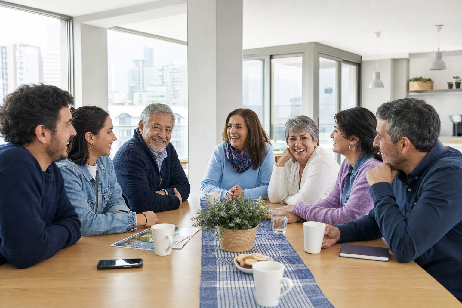 Vecinas y vecinos de distintas edades conversan alrededor de una mesa en un espacio común